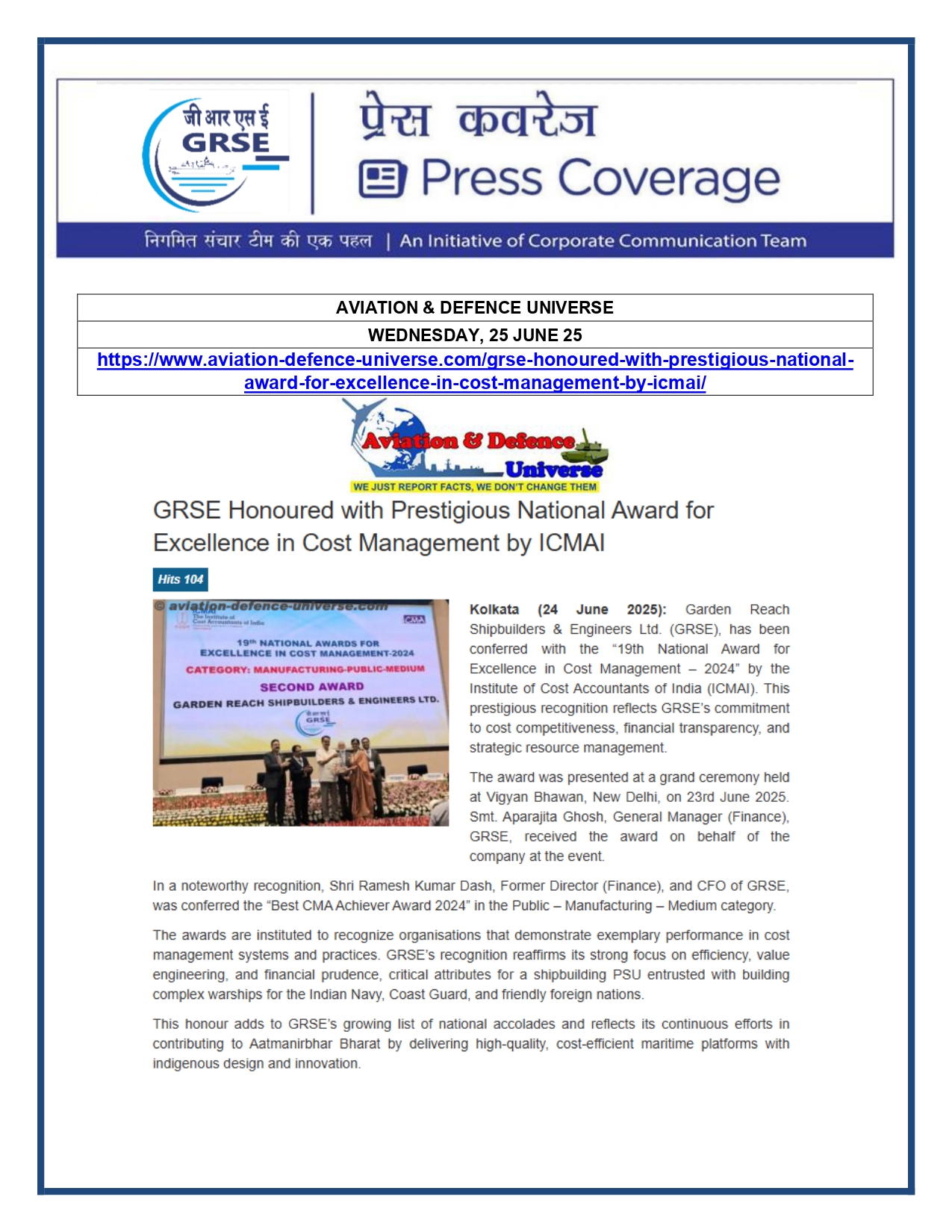 Press Coverage : CMD,GRSE conferred on CMA's Management Excellence Award 2025  
